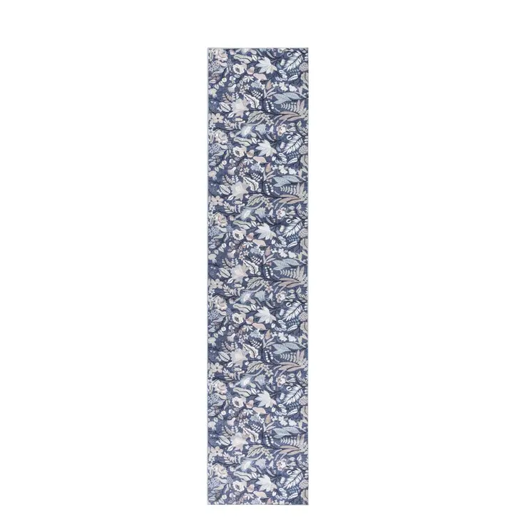 10' Blue Floral Washable Runner Rug