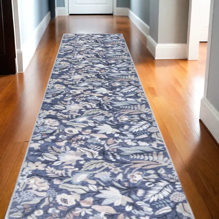 10' Blue Floral Washable Runner Rug
