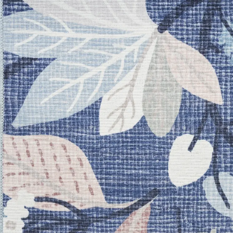 10' Blue Floral Washable Runner Rug