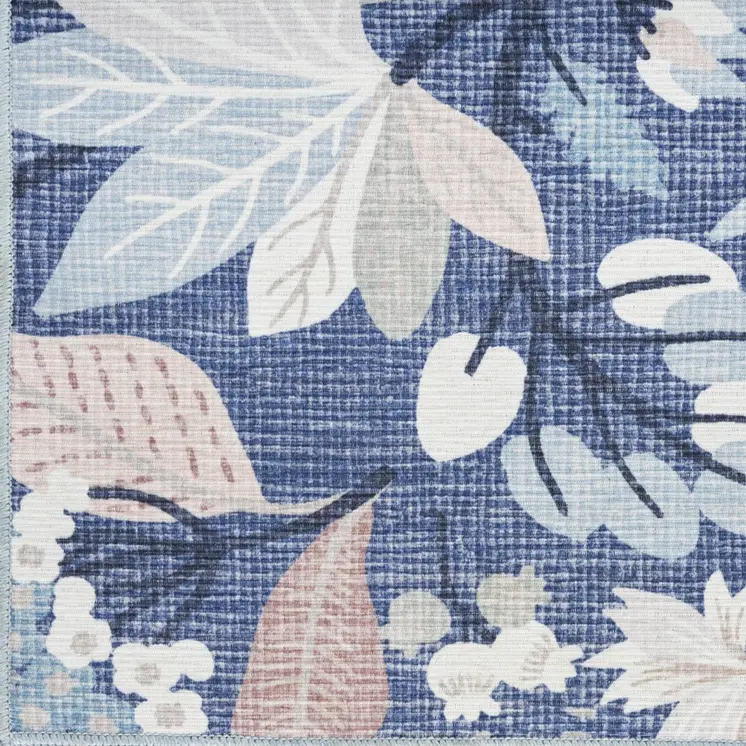 10' Blue Floral Washable Runner Rug