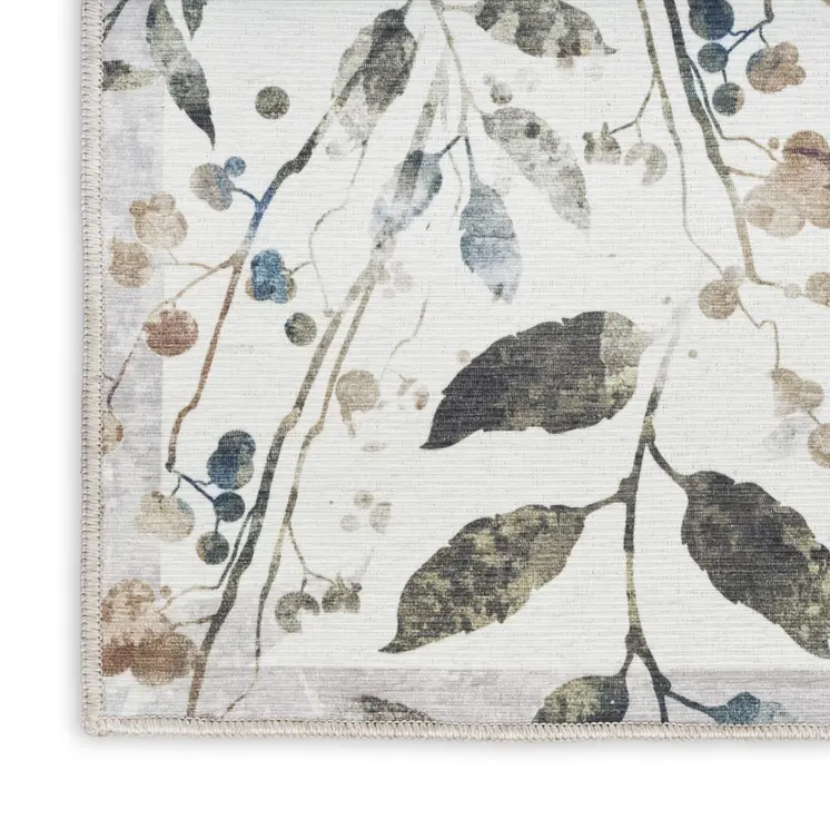 10' Cream Floral Washable Runner Rug