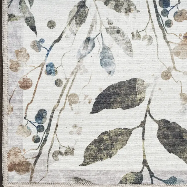 10' Cream Floral Washable Runner Rug