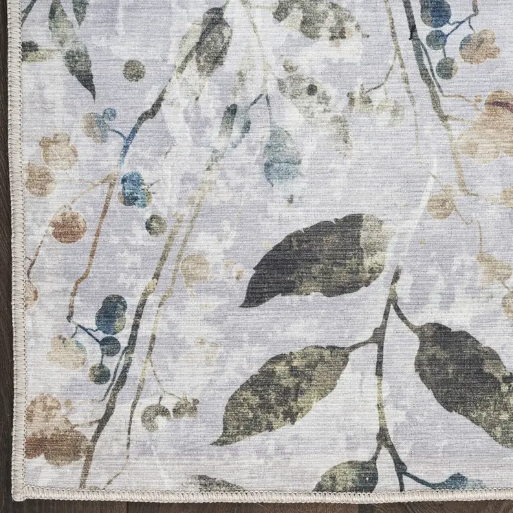 10' Gray And Blue Floral Washable Runner Rug