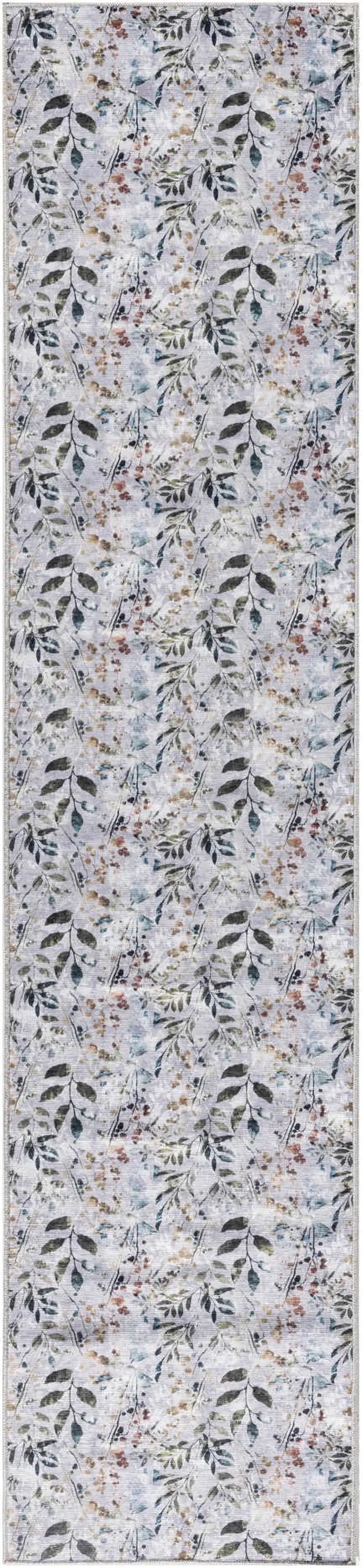 10' Gray And Blue Floral Washable Runner Rug