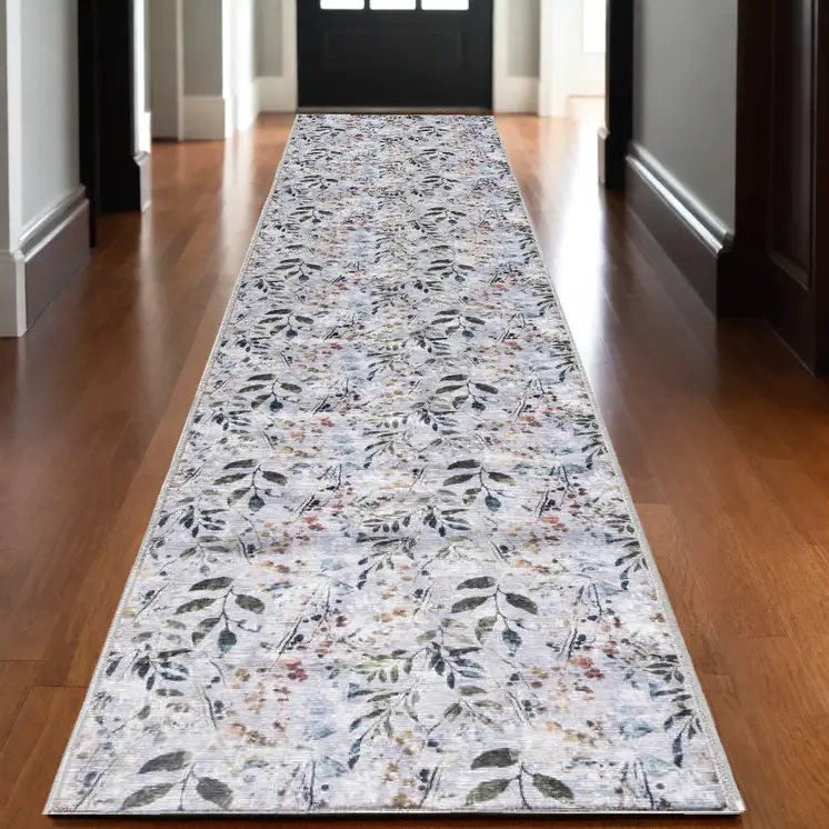 10' Gray And Blue Floral Washable Runner Rug