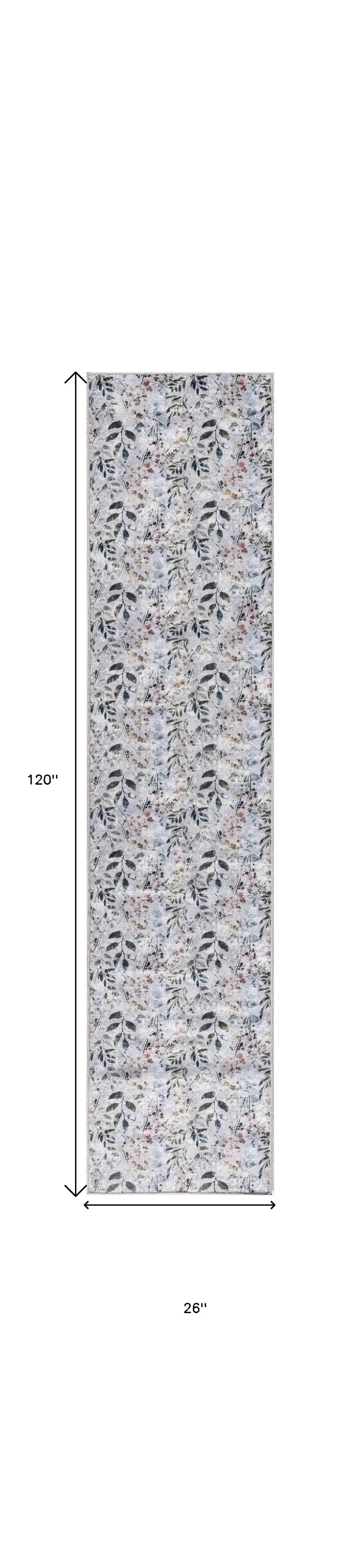 10' Gray And Blue Floral Washable Runner Rug