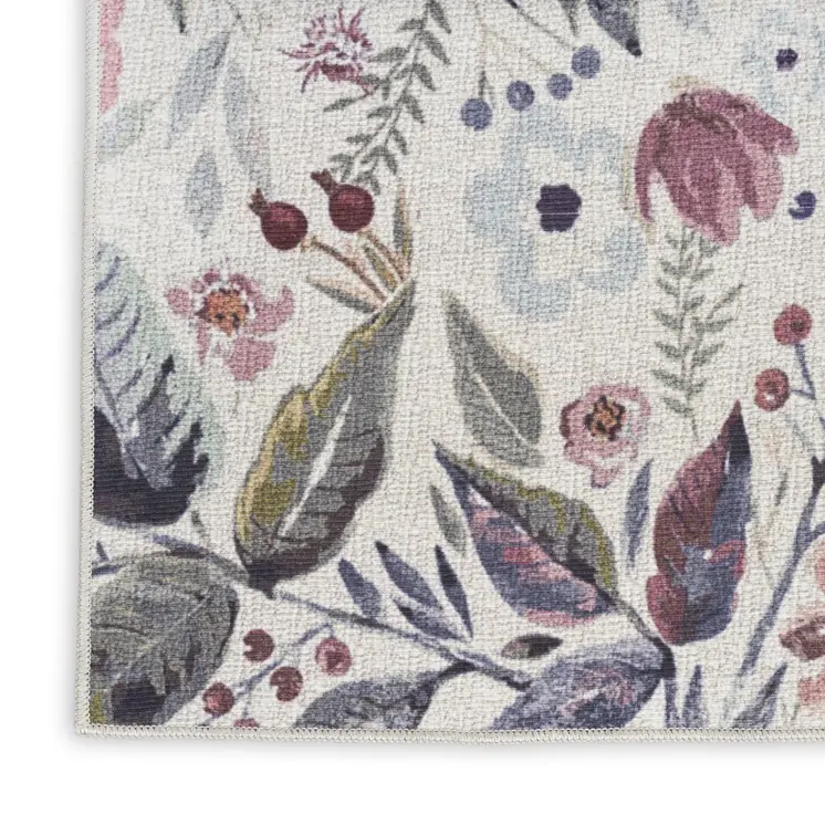 5' X 7' Ivory Pink and Green Floral Power Loom Washable Non Skid Area Rug