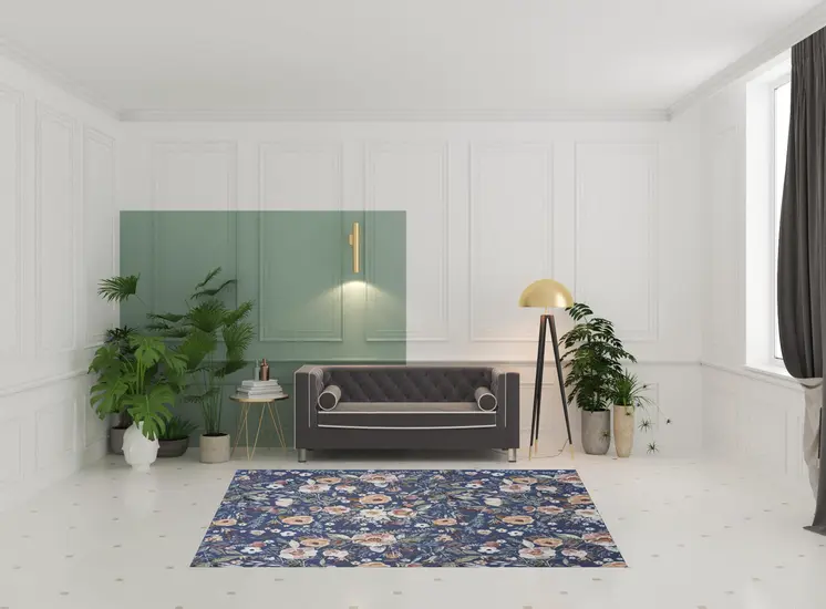 6' X 9' Blue and Green Floral Power Loom Washable Non Skid Area Rug