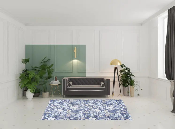 6' X 9' Blue and Off White Floral Power Loom Washable Non Skid Area Rug