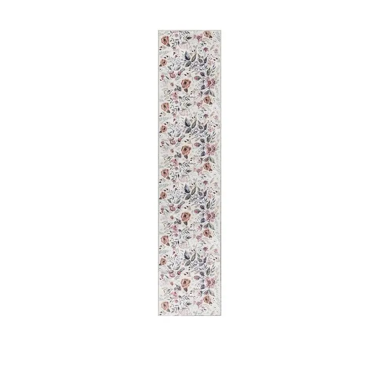 8' Ivory Floral Washable Runner Rug