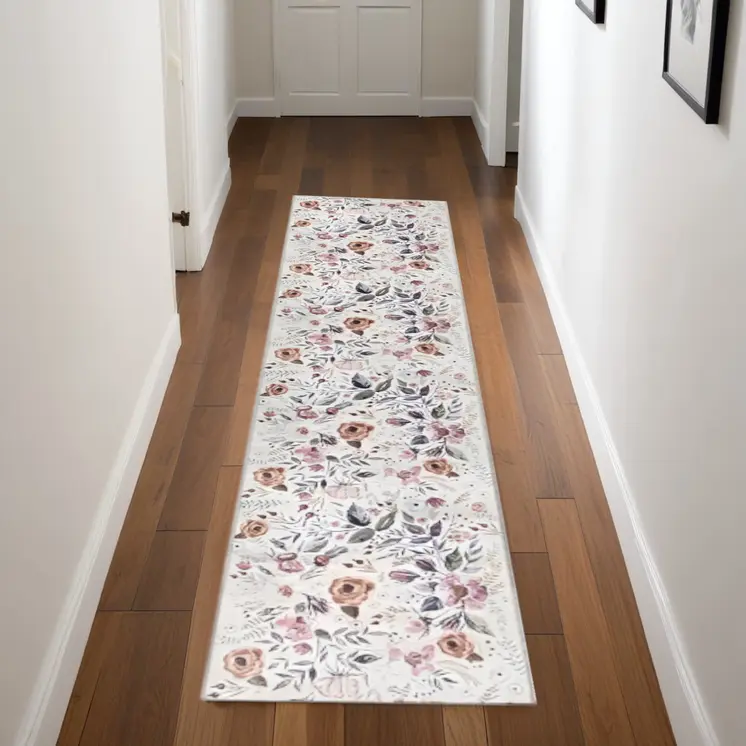 8' Ivory Floral Washable Runner Rug
