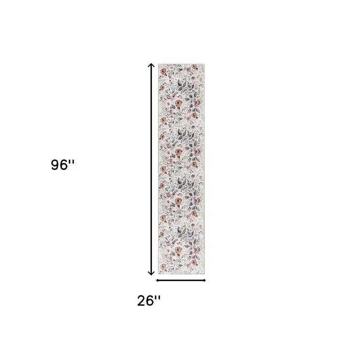 8' Ivory Floral Washable Runner Rug