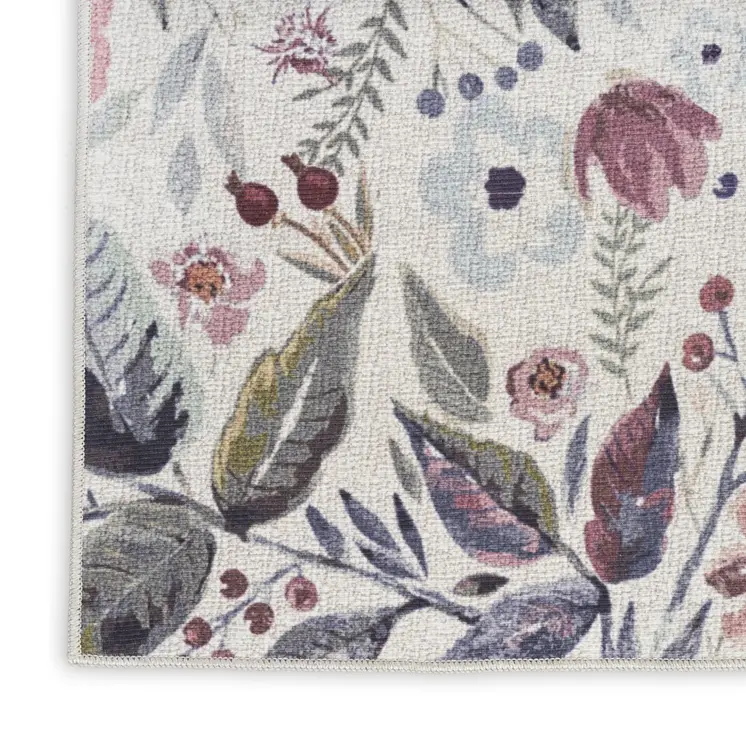 8' Ivory Floral Washable Runner Rug