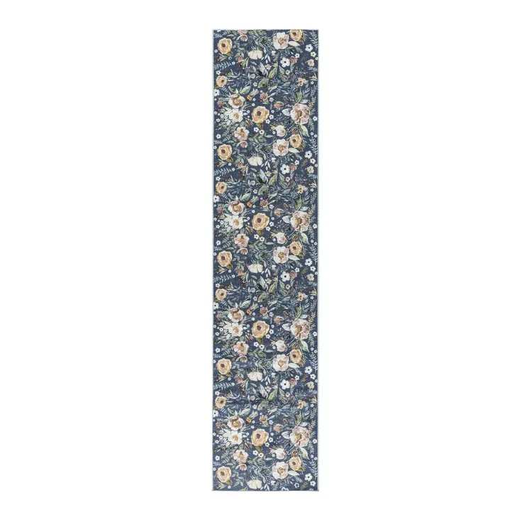 8' Blue Floral Washable Runner Rug