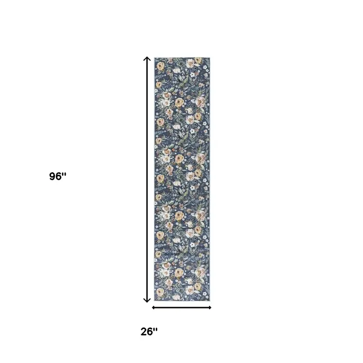 8' Blue Floral Washable Runner Rug