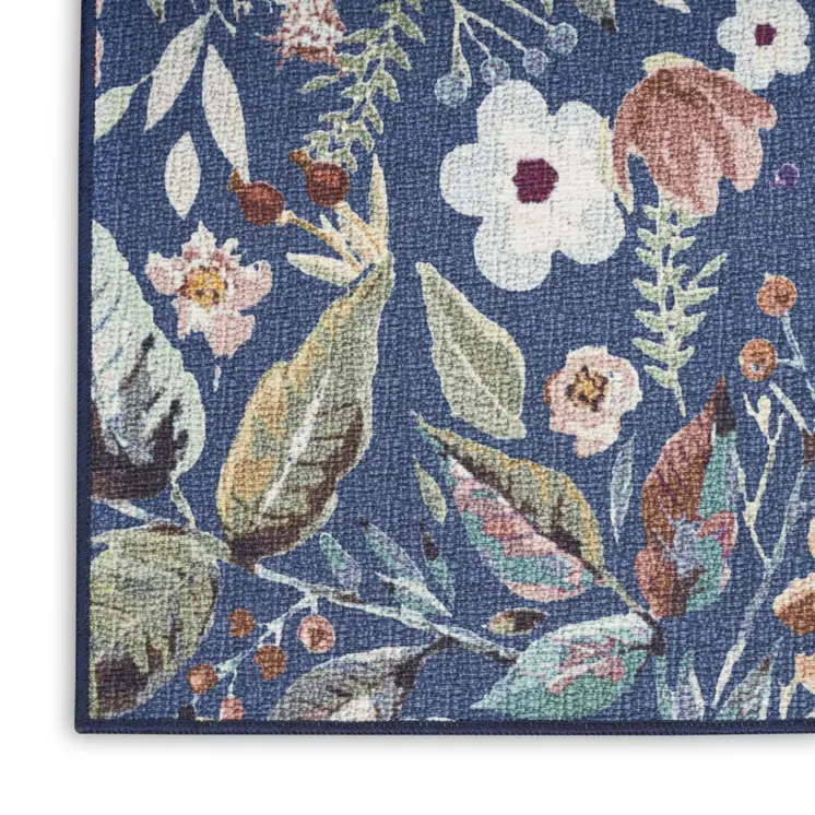 8' Blue Floral Washable Runner Rug