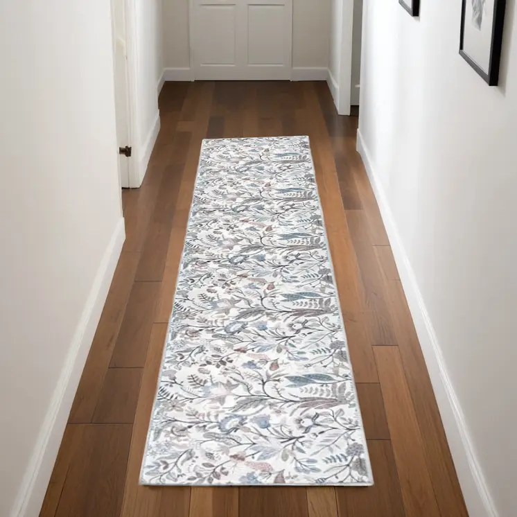 8' Ivory Floral Washable Runner Rug
