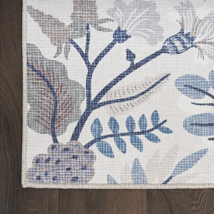 8' Ivory Floral Washable Runner Rug