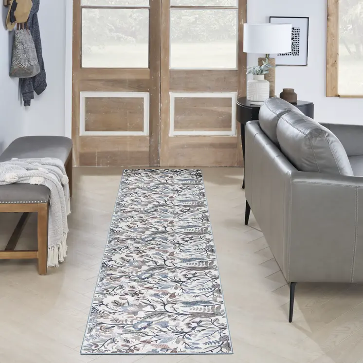 8' Ivory Floral Washable Runner Rug
