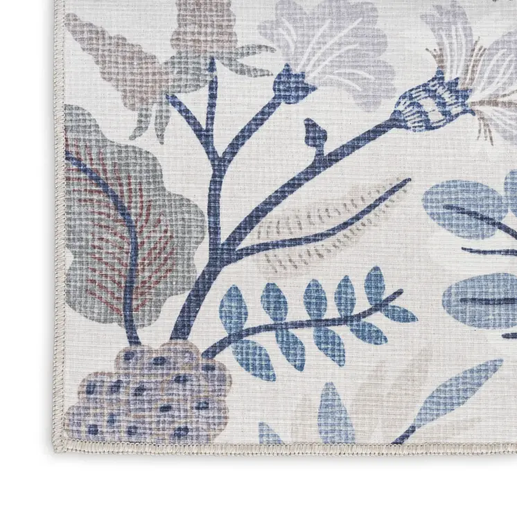 8' Ivory Floral Washable Runner Rug