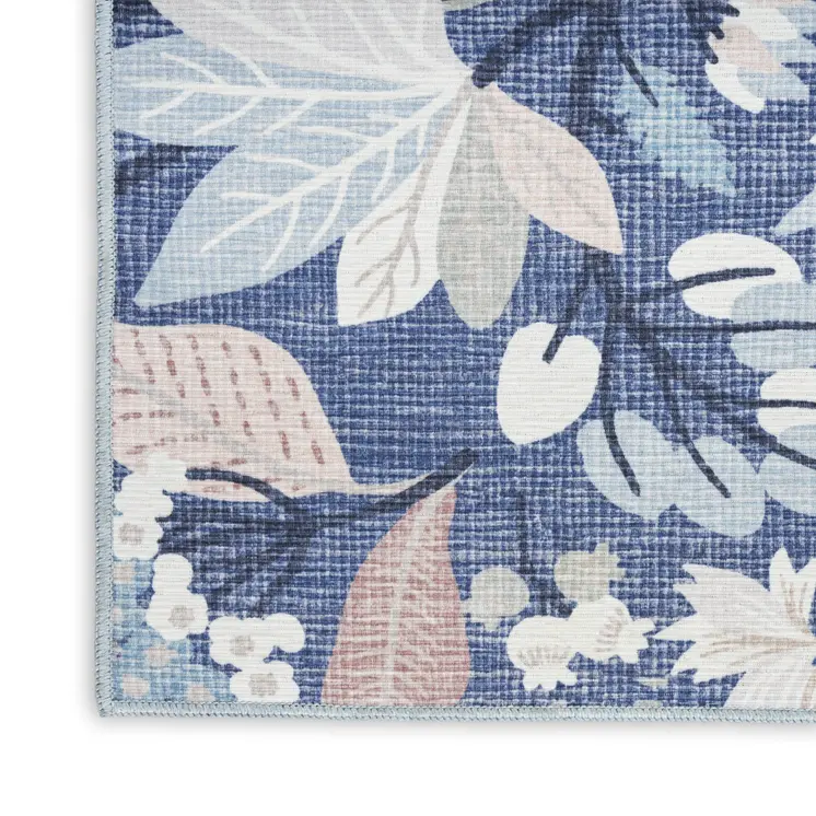 8' Blue Floral Washable Runner Rug
