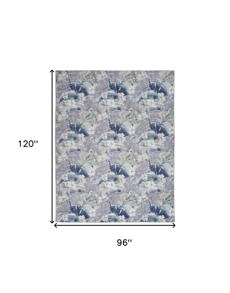 8' X 10' Ivory Blue and Gray Floral Power Loom Washable Non Skid Area Rug