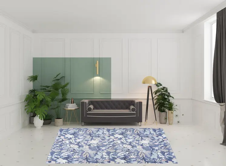 8' X 10' Blue and Off White Floral Power Loom Washable Non Skid Area Rug