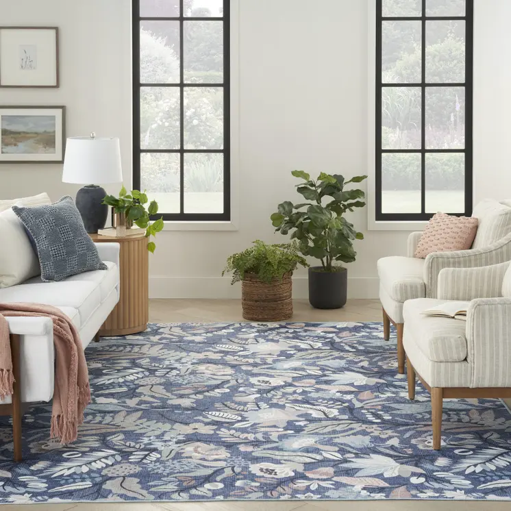8' X 10' Blue and Off White Floral Power Loom Washable Non Skid Area Rug
