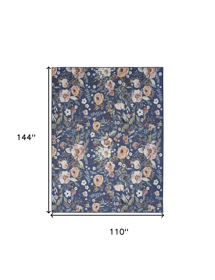 9' X 12' Blue Pink And Green Floral Distressed Washable Area Rug