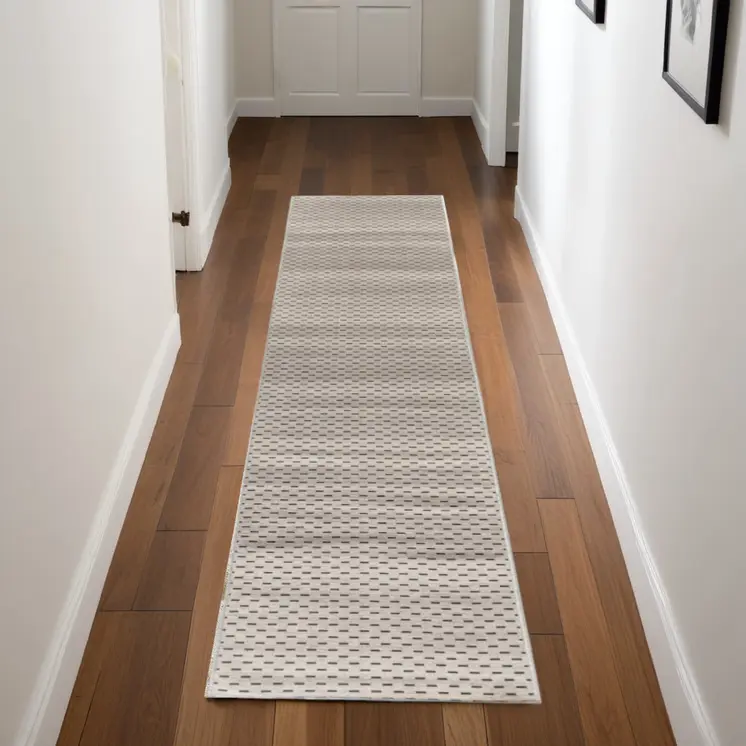 8' Beige And Black Geometric Washable Runner Rug