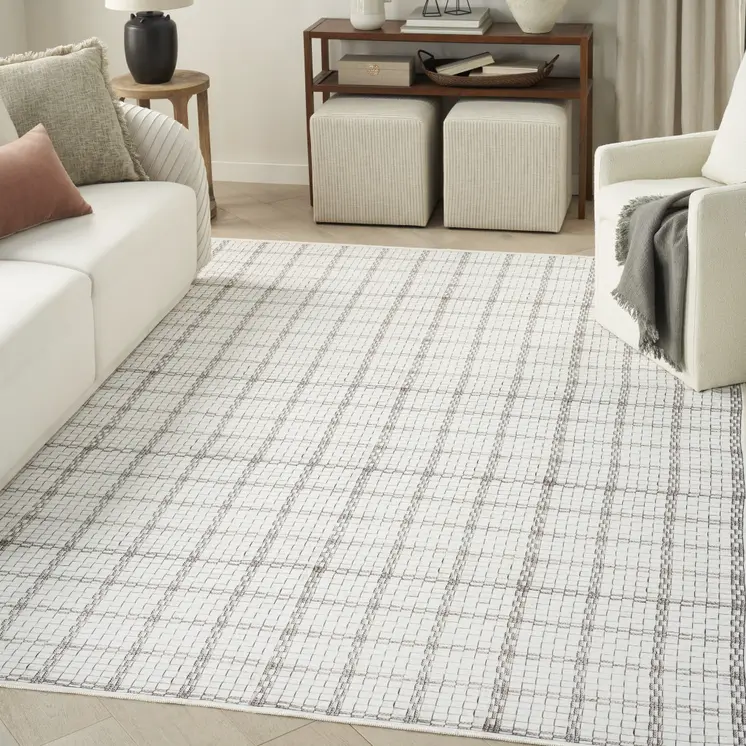 9' X 12' Gray and Ivory Geometric Power Loom Washable Non Skid Area Rug