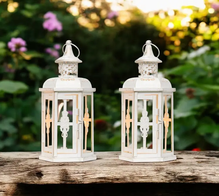 Set of Two White And Gold Glass And Metal Filigree Tabletop Lantern Candle Holders