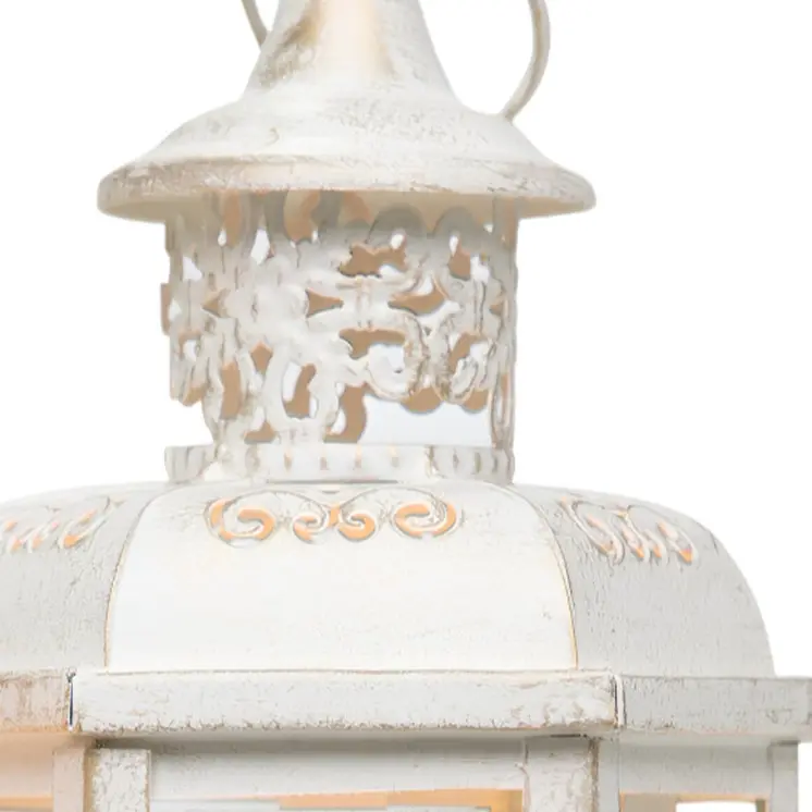 Set of Two White And Gold Glass And Metal Filigree Tabletop Lantern Candle Holders