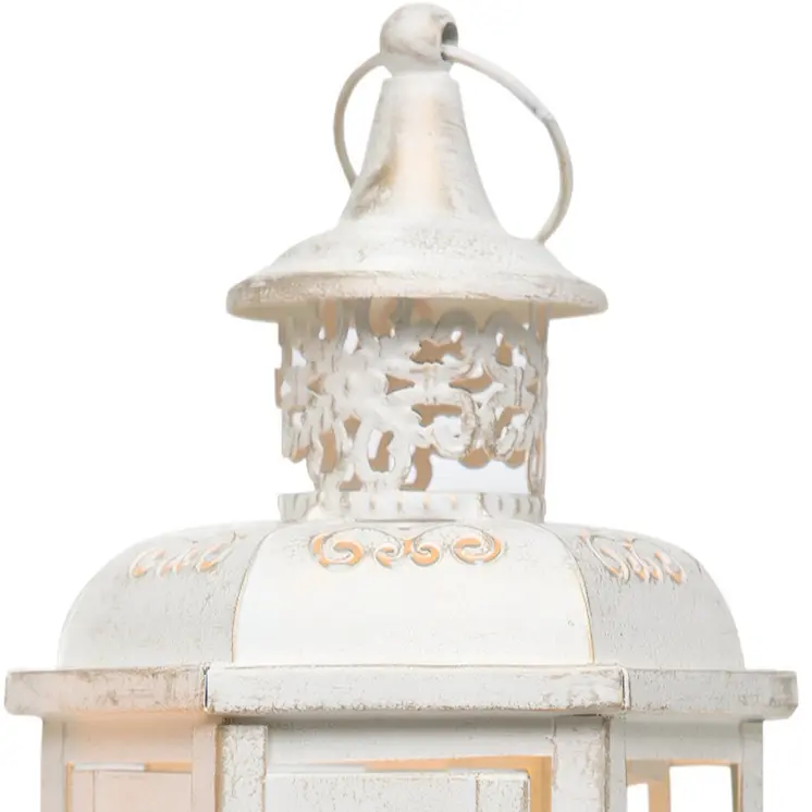 Set of Two White And Gold Glass And Metal Filigree Tabletop Lantern Candle Holders