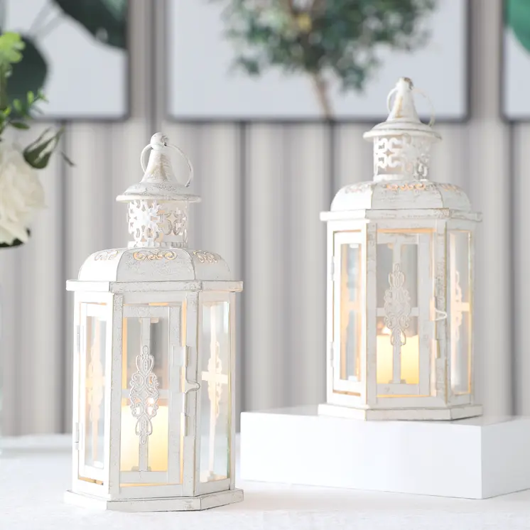 Set of Two White And Gold Glass And Metal Filigree Tabletop Lantern Candle Holders