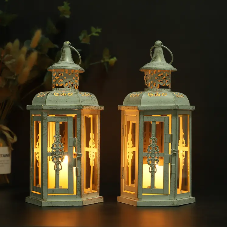 Set of Two White And Gold Glass And Metal Filigree Tabletop Lantern Candle Holders