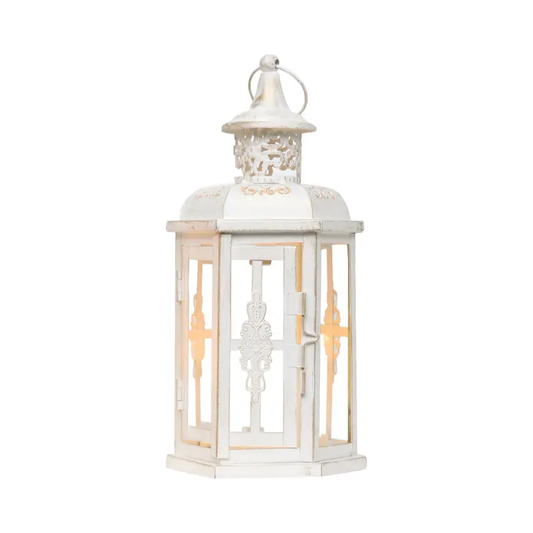 Set of Two White And Gold Glass And Metal Filigree Tabletop Lantern Candle Holders