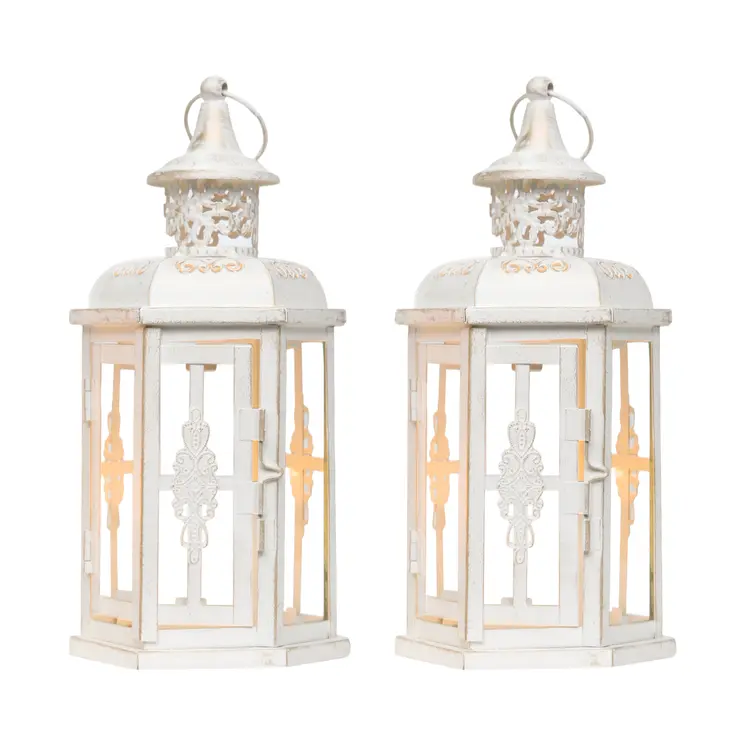 Set of Two White And Gold Glass And Metal Filigree Tabletop Lantern Candle Holders