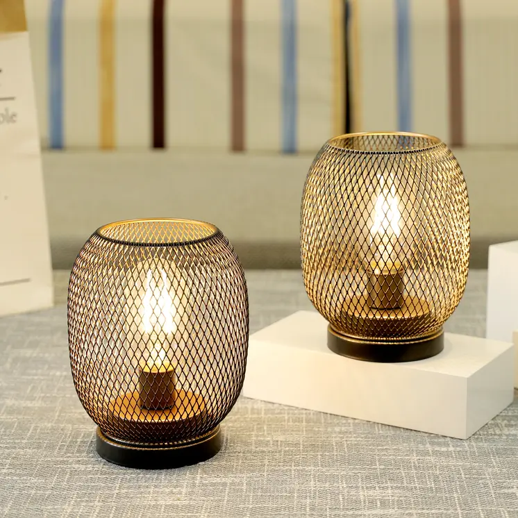 Set of Two 7" Black Metal Lantern Bedside Lamps With Black Lattice Cage Shade