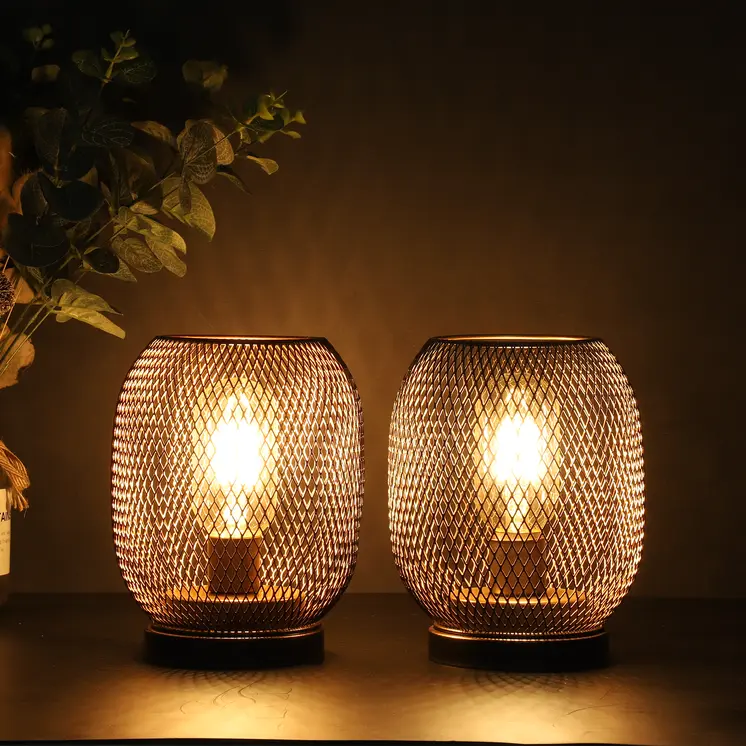 Set of Two 7" Black Metal Lantern Bedside Lamps With Black Lattice Cage Shade