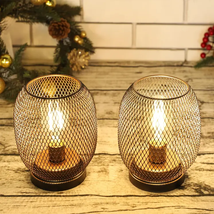Set of Two 7" Black Metal Lantern Bedside Lamps With Black Lattice Cage Shade