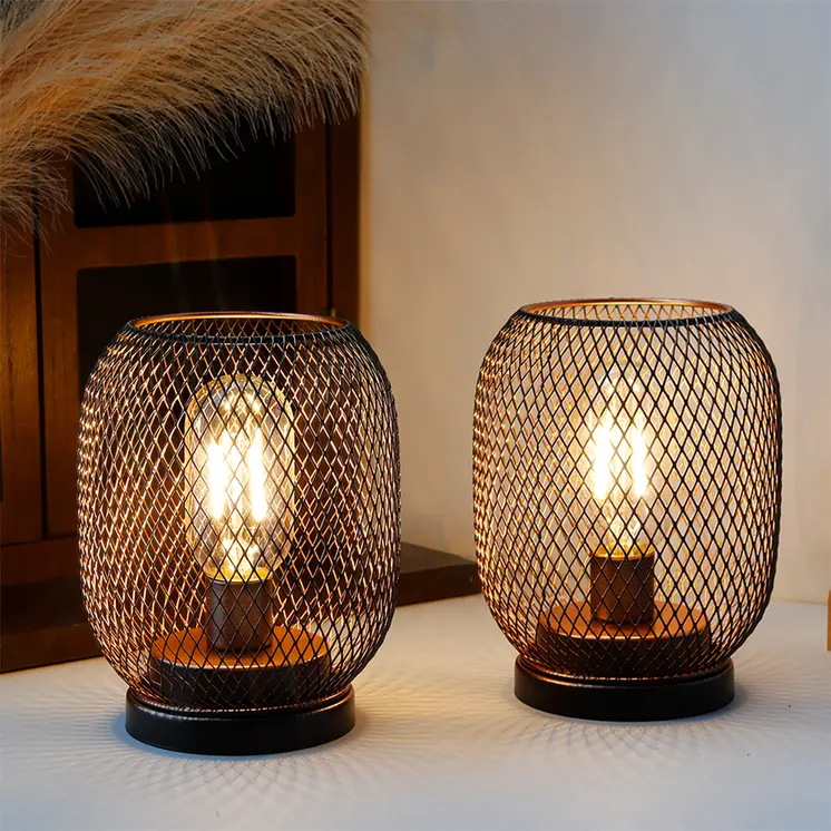 Set of Two 7" Black Metal Lantern Bedside Lamps With Black Lattice Cage Shade