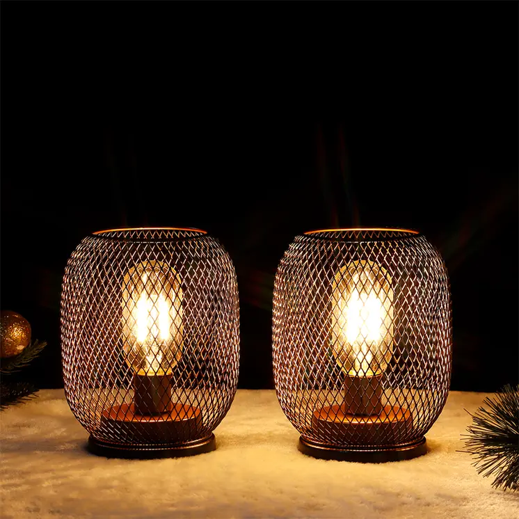 Set of Two 7" Black Metal Lantern Bedside Lamps With Black Lattice Cage Shade