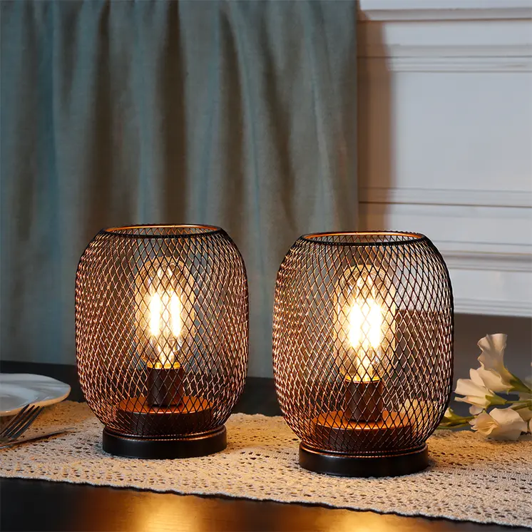Set of Two 7" Black Metal Lantern Bedside Lamps With Black Lattice Cage Shade