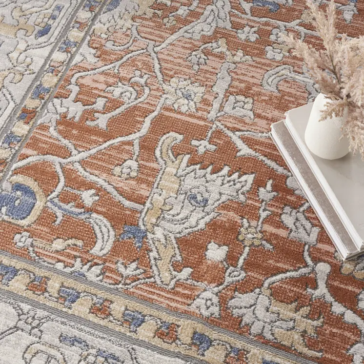 9' X 12' Gray and Red Oriental Power Loom Area Rug
