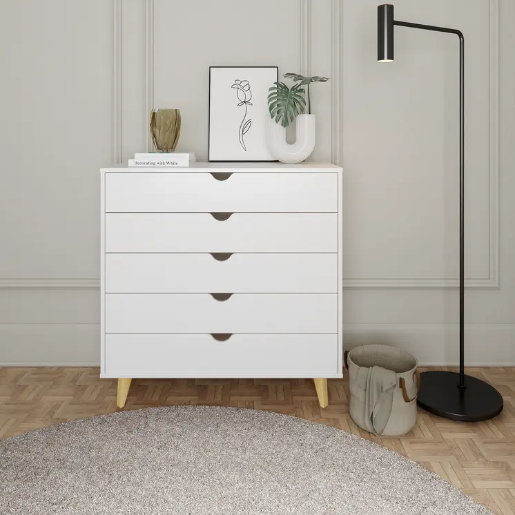 36" White And Natural Wood Five Drawer Dresser