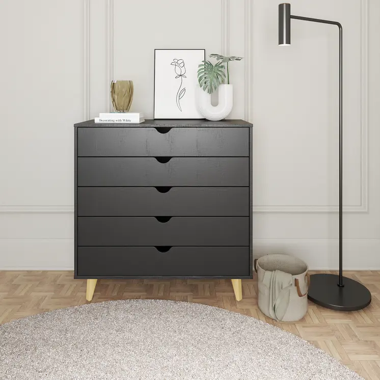 36" Black And Natural Wood Five Drawer Dresser