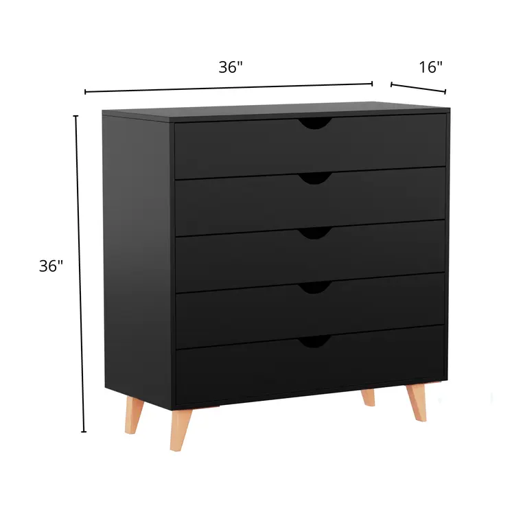 36" Black And Natural Wood Five Drawer Dresser