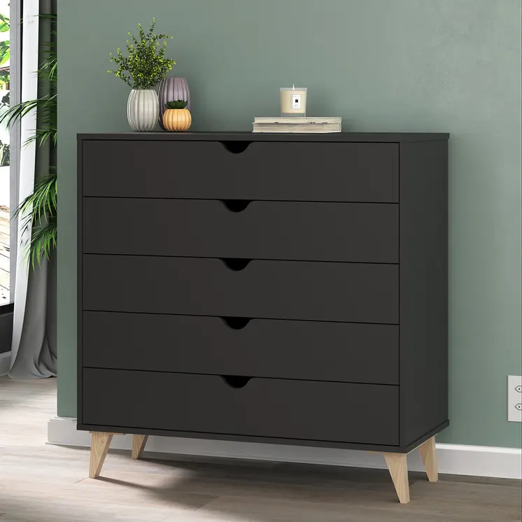 36" Black And Natural Wood Five Drawer Dresser