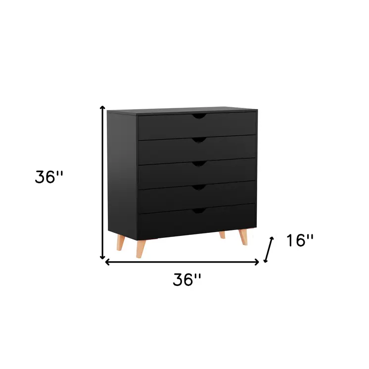 36" Black And Natural Wood Five Drawer Dresser